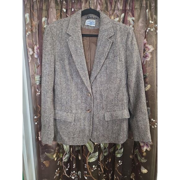 Womens Vintage Wool Blazer Brown Tweed Look Size 14 Pure Wool Coatree - Picture 1 of 16